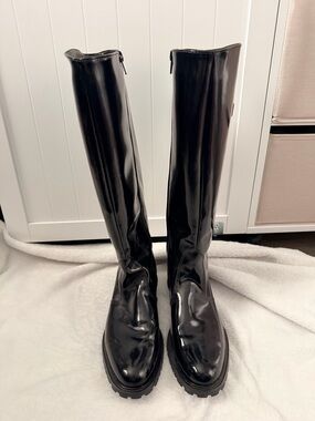 Classic Black Patent Knee-High Boots - Women's Winter Rain Boot